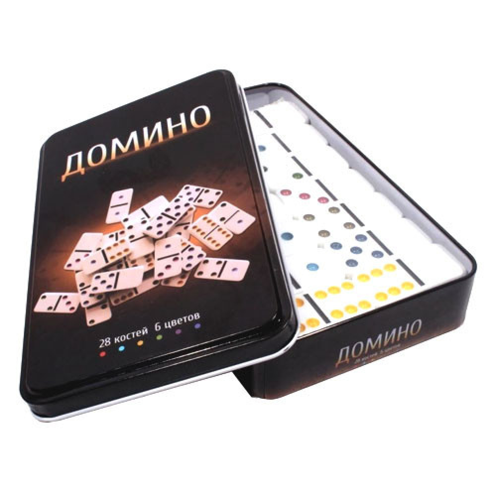 Настольна игра Домино, 28 костей, 6 цветов, металличеський бокс для хранения і перевозки