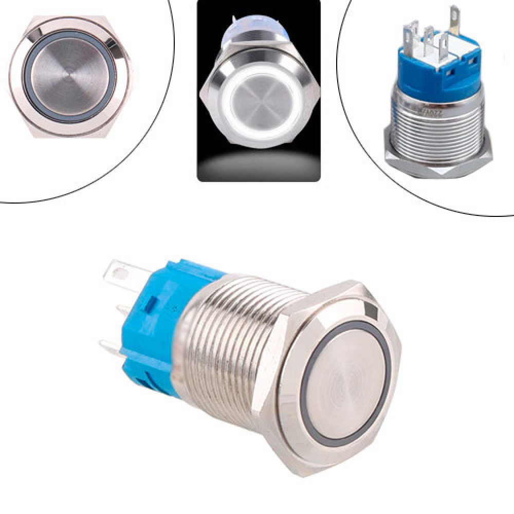 Кнопка 22 мм фиксирующаяся 12–24 В белий LED 5 pin 22F-11EZ, металличеська с подсветкой
