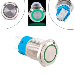 Кнопка нажимная 22 мм возвратная 12 24 В зеленая LED 5 pin 22K P11D металлическая длина 36 мм